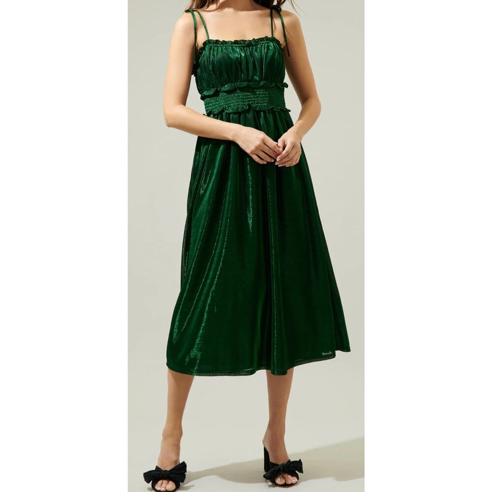 Sugarlips metallic green XS Lurelle smock waist tie strap Poplin Midi Dress NWT